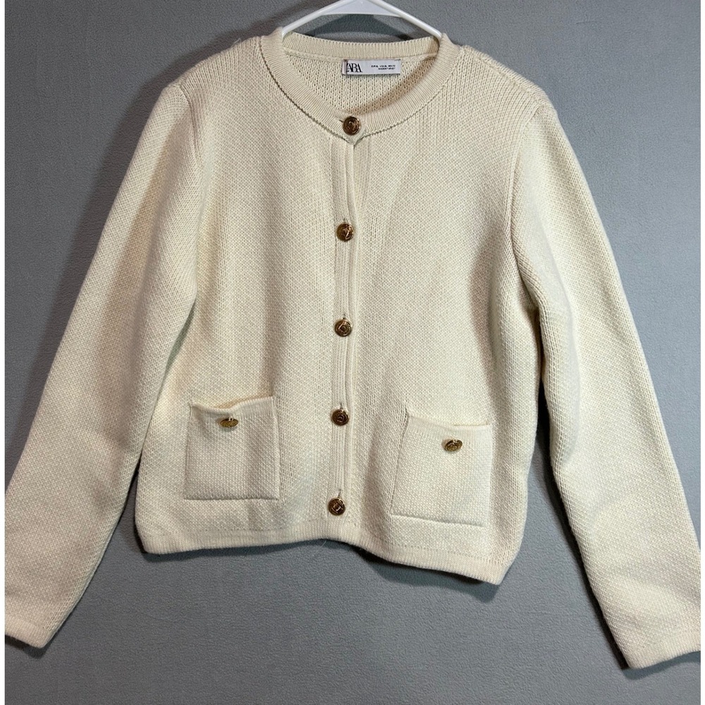 Zara Cardigan Women XL Cream Button Front Jacket Gold Crest Buttons Neutral